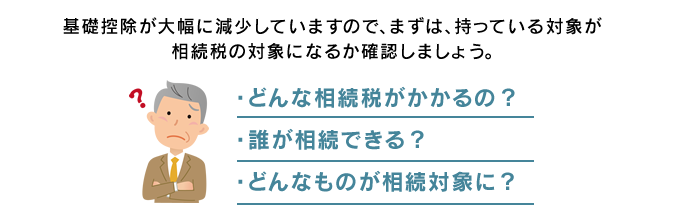 基礎控除が大幅に減少していますので、まずは、持っている対象が相続税の対象になるか確認しましょう。　・どんな相続税がかかるの？ ・誰が相続できる？ ・どんなものが相続対象に？