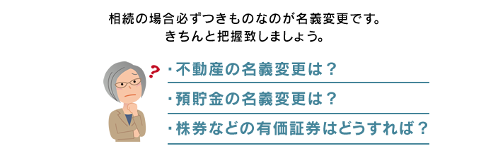 相続の場合必ずつきものなのが名義変更です。きちんと把握致しましょう。　・不動産の名義変更は？ ・預貯金の名義変更は？ ・株券などの有価証券はどうすれば？